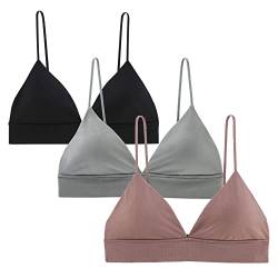 INIBUD Bralette für Damen, dreieckige Körbchen, abnehmbar, gepolstert, drahtlos, zum Überziehen, 3 Stück, schwarz, grau und lila, Medium von INIBUD