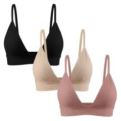 INIBUD Bralette für Damen, gerippt, nahtlos, gepolstert, kabellos, Triangel-BH, verstellbarer Spaghettiträger-Top, Schwarz + Hautfarben + Violett, small von INIBUD