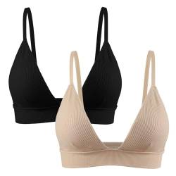 INIBUD Bralette für Damen, gerippt, nahtlos, gepolstert, kabellos, Triangel-BH, verstellbarer Spaghettiträger-Top, Schwarz und hautfarben, Medium von INIBUD