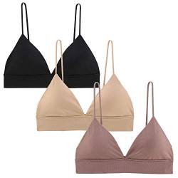 INIBUD Bralette für Frauen, Dreiecks-Cups, abnehmbar, gepolstert, drahtfrei, zum Überziehen, 3er-Pack, Schwarz & Braun Zucker & Weizen, Medium von INIBUD