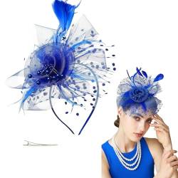 INIFLM Fascinator-Hut, Blumen-Mesh-Bänder, Federn auf Einem Stirnband, Damen-Braut-Kopfschmuck, Fascinator mit Schleier, Vintage-Dekor, Blumen-Haarschmuck für Mädchen und Frauen(Blau) von INIFLM