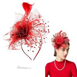 INIFLM Fascinator-Hut, Blumen-Mesh-Bänder, Federn auf Einem Stirnband, Damen-Braut-Kopfschmuck, Fascinator mit Schleier, Vintage-Dekor, Blumen-Haarschmuck für Mädchen und Frauen(Rot) von INIFLM