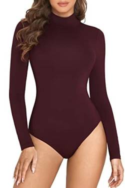 INLYRIC Damen Body Langarm Rollkragen Oberteil Top Sexy Jumpsuit Shapewear Flexibel Bodysuit Burgunder Lila 38 von INLYRIC