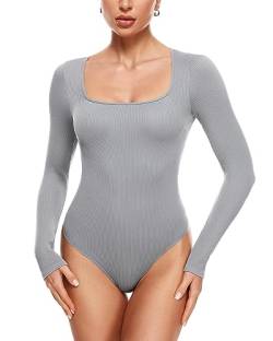 INLYRIC Damen Langarm-Body mit Eckigem Ausschnitt Gerippte Oberteile Basic Jumpsuit Shirts Neutrales Grau 40 von INLYRIC