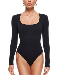 INLYRIC Damen Langarm-Body mit Eckigem Ausschnitt Gerippte Oberteile Basic Jumpsuit Shirts Schwarz 36 von INLYRIC