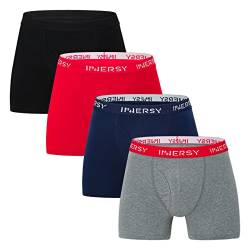 INNERSY Boxershorts Herren Baumwolle Unterhosen Männer Rot Retroshorts mit Eingriff 4er Pack (L, Schwarz+Marineblau+Grau+Rot) von INNERSY