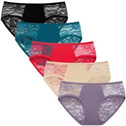 INNERSY Hipster Damen Spitze Bequeme Unterhosen Sexy Unterwäsche Frauen Slips Mehrpack 5 Pack (L, Beige/Blau/Rot/Lila/Schwarz) von INNERSY