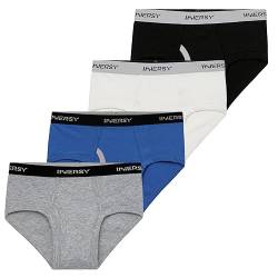 INNERSY Jungen Slips Baumwolle Unterhosen mit Eingriff Kinder Unterwäsche Basic Slip 4er Pack (116-122, Blau/Grau/Schwarz/Weiß) von INNERSY