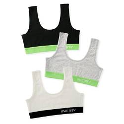 INNERSY Mädchen BH Baumwolle Bustier Breiten Träger Sport BHS Teenager Unterwäsche Kinder 3 Pack (XL, Weiß/Schwarz/Grau) von INNERSY