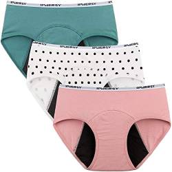 INNERSY Menstruationsunterwäsche Baumwolle Jugendliche Mädchen Perioden Slip Mehrpack 3 (10-12 Jahre, 2 Volltonfarben/ 1 Punktdruck) von INNERSY