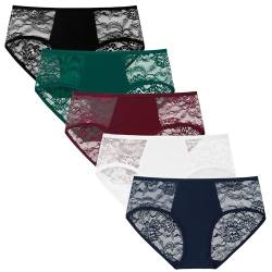 INNERSY Pantys Damen Spitze Nylon Slips Mehrpack Sexy Unterhosen Baumwolle Panties 5er Pack (L, Schwarz/Weiß/Marineblau/Rot/Grün) von INNERSY