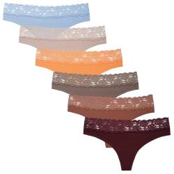 INNERSY String Tanga Damen Sexy Spitze Baumwolle Unterwäsche Frauen Hipster Pantys 6er Pack (M, Maillard-Farben/Blau) von INNERSY