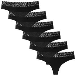 INNERSY Tanga Damen Sexy Spitze Baumwoll String Schwarz Hipster Pantys Bequeme Thong 6er Pack (L, 6 Schwarz mit Spitzenbund) von INNERSY