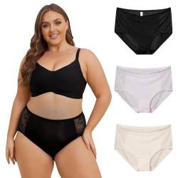 INNERSY Unterhosen Damen Übergrößen Slip Spitze Unterwäsche Hohe Taille Panty Mikrofaser Sommer 3 Pack (44-46, Schwarz/Beige/Hellviolett) von INNERSY