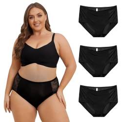 INNERSY Unterhosen Große Größen Damen Schwarz Spitzen Unterwäsche Frauen Hoher Bund Taillenslip 3 Pack (56-58, 3 Schwarz) von INNERSY