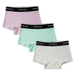 INNERSY Unterhosen Mädchen Baumwolle Boyshort Pantys Menstruationsunterwäsche Schlüpfer 3er Pack (10-12 Jahre, Grau/Violett/Grün) von INNERSY