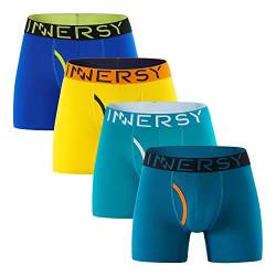 INNERSY Unterhosen Männer Lang Boxershorts mit Eingriff Baumwolle Retroshorts Herren 4er Pack (XS, Blau/Grün/Eisblau/Gelb) von INNERSY