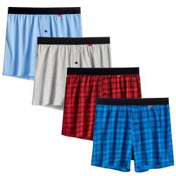 INNERSY Unterhosen für Herren Lange Boxershorts Männer Baumwolle Unterwäsche mit Eingriff 4 Pack (L, Blau/Grau/2 Karos) von INNERSY