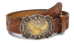 INOGIH Herren-Western-Cowboy-Lederschnallengürtel-mit-Longhorn-Bull-Floral-Graved-Gürtelschnalle für Jeans 33" bis 42" Taille, Adlerbraun, For Waist 31''- 34'' von INOGIH