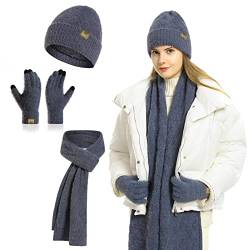 INSISMY Damen Mütze Schal und Touchscreen Handschuhe Set für Damen Winter Warm Langer Schal Fleece Gefüttert Beanie Skull Cap von INSISMY