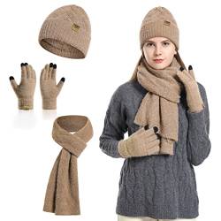 INSISMY Damen Mütze Schal und Touchscreen Handschuhe Set für Damen Winter Warm Langer Schal Fleece Gefüttert Beanie Skull Cap von INSISMY