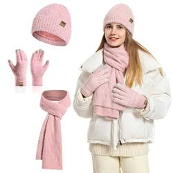INSISMY Damen Mütze Schal und Touchscreen Handschuhe Set für Damen Winter Warm Langer Schal Fleece Gefüttert Beanie Skull Cap von INSISMY