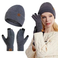 INSISMY Damen Mütze Touchscreen Handschuhe Set Winter Warme Weiche Doppelschicht Fleece Gefüttert Beanie Skull Caps von INSISMY
