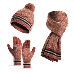 INSISMY Mütze Schal Handschuh Set Winter Weich Warm Pelzgefütterte Bommelmütze Langer Schal und Touchscreen Handschuhe Set 3-teiliges Retro Schneeflockenmuster Gestrickte Damen Unisex Rot von INSISMY