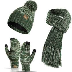 INSISMY Mütze Schal handschuhe Set Winter Weich Warm Pelzgefütterte Bommelmütze Langer Schal mit Quaste und Touchscreen Handschuhe Set 3-teiliges Melange Gestrickt Damen Unisex von INSISMY