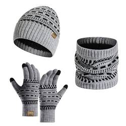 INSISMY Winter Beanie Mütze Schal und Touchscreen Handschuhe Set, Strickmützen Thermohandschuhe für Damen und Herren Halswärmer 3 Stück Totenkopf Kappe Dickes Fleece von INSISMY