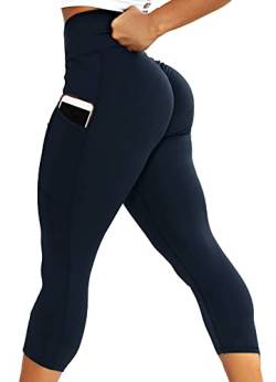 INSTINNCT Damen Doppeltaschen Sport Leggings 3/4 Yogahose Sporthose Laufhose Training Tights mit Handytasche Capris(Gerafftes Design) - Dunkelblau-1 XL von INSTINNCT