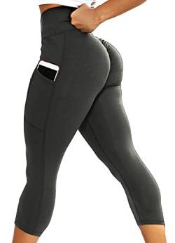 INSTINNCT Damen Doppeltaschen Sport Leggings 3/4 Yogahose Sporthose Laufhose Training Tights mit Handytasche Capris(Gerafftes Design) - Dunkelgrau-1 L von INSTINNCT