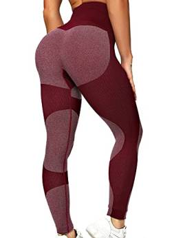 INSTINNCT Damen Gestreifte Nahtlose Leggings Slim Fit Jogginghose Sporthosen Fitnesshose B-Herz Stil (Weinrot) L von INSTINNCT