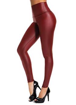 INSTINNCT Damen Kunstleder High Waist Leggings Skinny PU Leder Hose Leder-Optik Strumpfhosen Treggings Weinrot XS von INSTINNCT