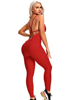 INSTINNCT Damen Sport Rückenfrei Jumpsuit Yoga Bodysuit Overall Leggings Sporthosen Bandage Playsuits Jogging Strampler Hosenanzug Trainingsanzug #0 Rot mit Pads M von INSTINNCT