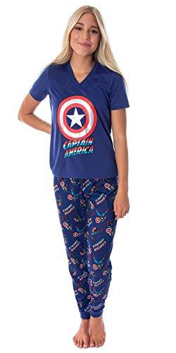Marvel Comics Damen Captain America Athletic Shirt und Jogger Hose, 2-teiliges Pyjama-Set, Marineblau, L von INTIMO