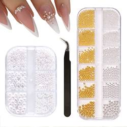 IOSPKKIO® 2 Stück Nail Art Perlen flache Rückseite Perlen Nail Charms Gold Silber Nail Art Supplies Design Nagelzubehör Strass Gemischt Verschiedene Größen mit Pinzette von IOSPKKIO