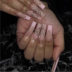 IOSPKKIO® 24 Stück Maniküreblatt, Nagelspitzen in Ballerina-Form, Vollständige Abdeckung, Langlebig und Umweltfreundlich, Langer French Glitter Herz-Diamant tragbares Maniküreblatt von IOSPKKIO