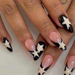 IOSPKKIO® 24 Stück Y2K Künstliche Nägel Lange Falsche Nägel Französische Pentagramm-Acrylnägel für Frauen und Mädchen, Acrylic natürlich Drücken auf den Nägeln von IOSPKKIO