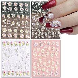 IOSPKKIO® 4 Stück Flower Nail Art Sticker - 5D selbstklebende Aufkleber für Frühlings und Sommernägel, einfach anzubringen und langlebig perfektes Nail Art Zubehör von IOSPKKIO