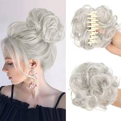 IOSPKKIO® Claw Clip Messy Bun Hair, mit Gewellter Grauer Lockiger Perücke, Natürliches Aussehen, Verlängerungen, Scrunchie-Haar für Frauen, Synthetisches Haarteil (Grau) von IOSPKKIO