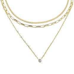 IOSPKKIO® Mehrschichtige Gold-Choker-Halskette für Frauen und Mädchen, 14-karätig vergoldete CZ-Anhänger-Halskette, zierliche flache Schlangenkette-Schichten-Halskette von IOSPKKIO