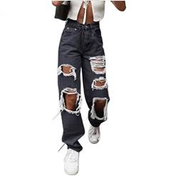 Baggy Jeans Damen High Waist Löcher, Boyfriend Hosen Destroyed Jeans Damen Boyfriend Jeans Weites Bein Denim Hosen E-Girl Indie Aesthetic Gothic Hosen Y2k Jeans Streetwear- Mit Löchern von IQYU