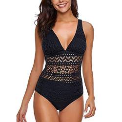 Damen Spitze Bademode Einteiliger Spitze Badeanzug Push Up Bandage Gepolstert Einteiliger Badeanzug Frauen Bikini Sets Badeanzug Einfarbig Mode Strandkleidung One Piece Bademode Retro Tankini von IQYU