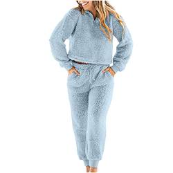 Hausanzug Damen Kuschelig Schlafanzug Teddy-Flauschig Kuschelanzug Zweiteilig Hosenanzug Winter SchlafanzüGe Sleepshirt Pyjamahose Flanell Freizeitanzug Sleepwear Jogginganzug von IQYU