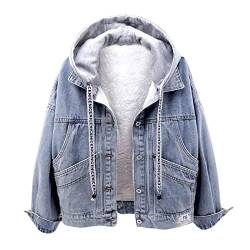 IQYU Jeansjacke Damen Stretch Lang - Kapuzenjacke Damen Fleece-Jeansjacke GroßE GrößEn Denim-Jacket Winterjacke Warm GefüTterte Jeansmantel Mit Kapuze üBergangsjacke- Bikerjacke- Jeansjacken- Mantel von IQYU