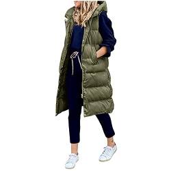 IQYU Steppjacke Damen üBergangsjacke: Steppweste Damen Lang Mit Kapuze Daunenmantel Winter Steppmantel Warm Wintermantel Ärmellose Weste Mantel Outdoor Daunenjacke Langer Daunenweste-Baumwollweste von IQYU