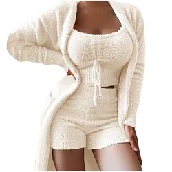 PlüSch-Schlafanzug Damen Kurz Sexy: Hausanzug Damen Kuschelig 3-Teilig Freizeitanzug Baumwolle Jogginganzug Strickjacke+Crop Tops+Shorts Loungerwear Winter Fuzzy Pyjamas Elegant Kuschelanzug von IQYU