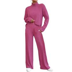 Schlafanzug Damen Schwangerschaft Damen-Set mit Stehkragen, 2-teiligem Sweatsuit, Langen Ärmeln, Strickpullover, Oberteilen, weitem Bein und Hosen, Set-Outfits Damen Bekleidung (Hot Pink, M) von IQYU
