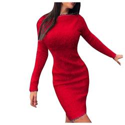 Strickkleid Damen Winter Knielang - Kuschelkleid Damen Flauschig-Winterkleid Langarm Warm Elegant Pulloverkleid Sexy Bleistiftkleid Bodycon Midikleid Lang Strickkleider Strickpullover-Fleecekleid von IQYU